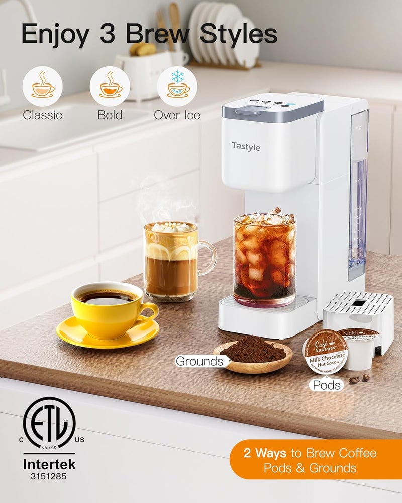 Tastyle Single Serve Hot & Iced Coffee Maker with Strong Brew, 40oz Removable Reservoir, 6 Brew Sizes, Compatible with K Cup and Grounds, Compact for Home, Office, RV and Dorm, White (2.0 Version) - Image 2